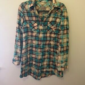 Plaid Button-Up Shirt in Green and Brown